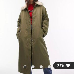 ASOS Topshop longline parker jacket with faux fur collar in khaki